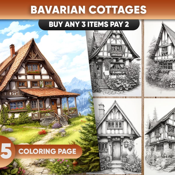 25 Bavarian Cottage Coloring Book For Adults Grayscale Medieval German House Coloring Pages Download Art Printable PDF