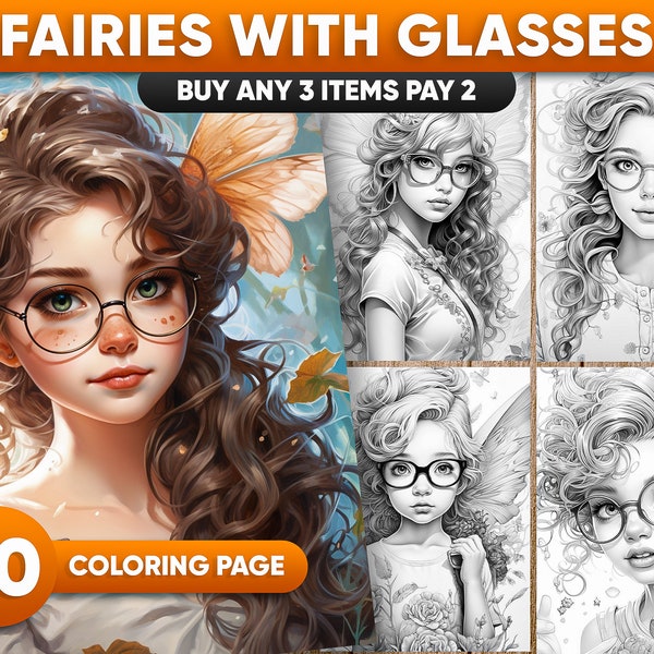 30 Pages Fairy Coloring Book Adult Coloring Pages, Fairies Wearing Glasses, Instant Download, Grayscale Coloring Book, Printable PDF / JPEG