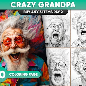 May include: A set of 30 coloring pages featuring a cartoon grandpa with a crazy hairstyle and a big smile. The pages are black and white line drawings, perfect for adults or children who enjoy coloring.