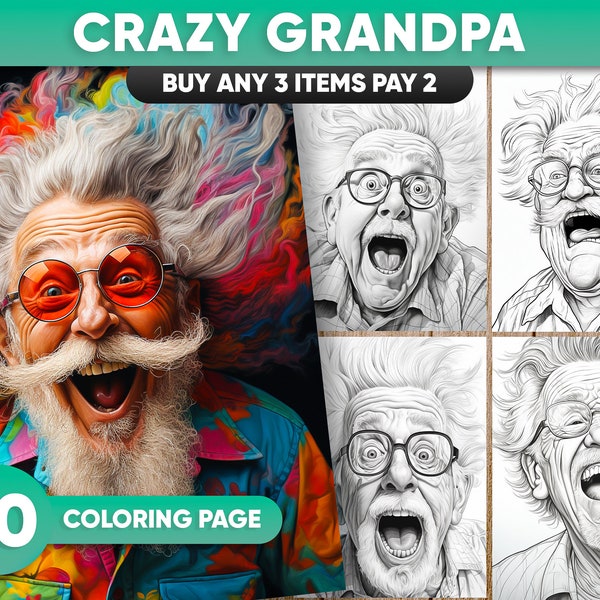 30 pages de coloriage Crazy Grandpa, Livre de coloriage pour personnes âgées, Livres de coloriage pour grand-père, Livre de coloriage en niveaux de gris, Livre de coloriage pour adultes