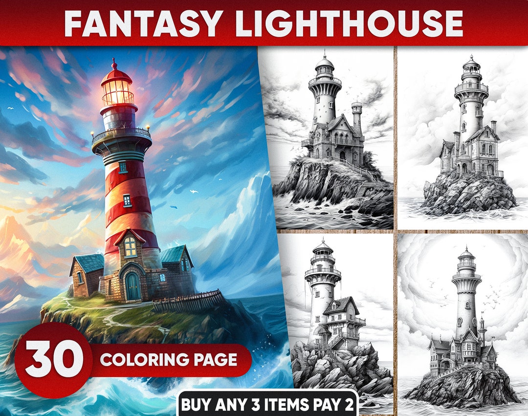 Lighthouse Drawing.pdf Fantasy Lighthouses Coloring Pages: 30 Grayscale PDF/JPEG (digital ...