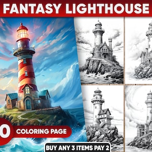 Fantasy Lighthouses Coloring Pages: 30 Grayscale PDF/JPEG (Digital Download)
