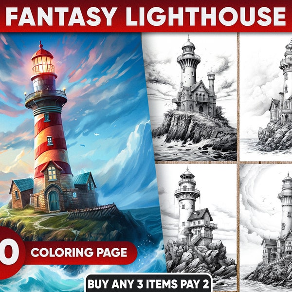 30 Fantasy Lighthouses Coloring Page Book - Adults Kids Coloring Pages, Instant Download, Grayscale Coloring Book, Printable PDF/JPEG File