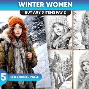 大人向けの冬の女性ファッションぬり絵 25 ページ、冬の女の子、ファッション、アメリカン ファッション、グレースケール PDF/JPEG