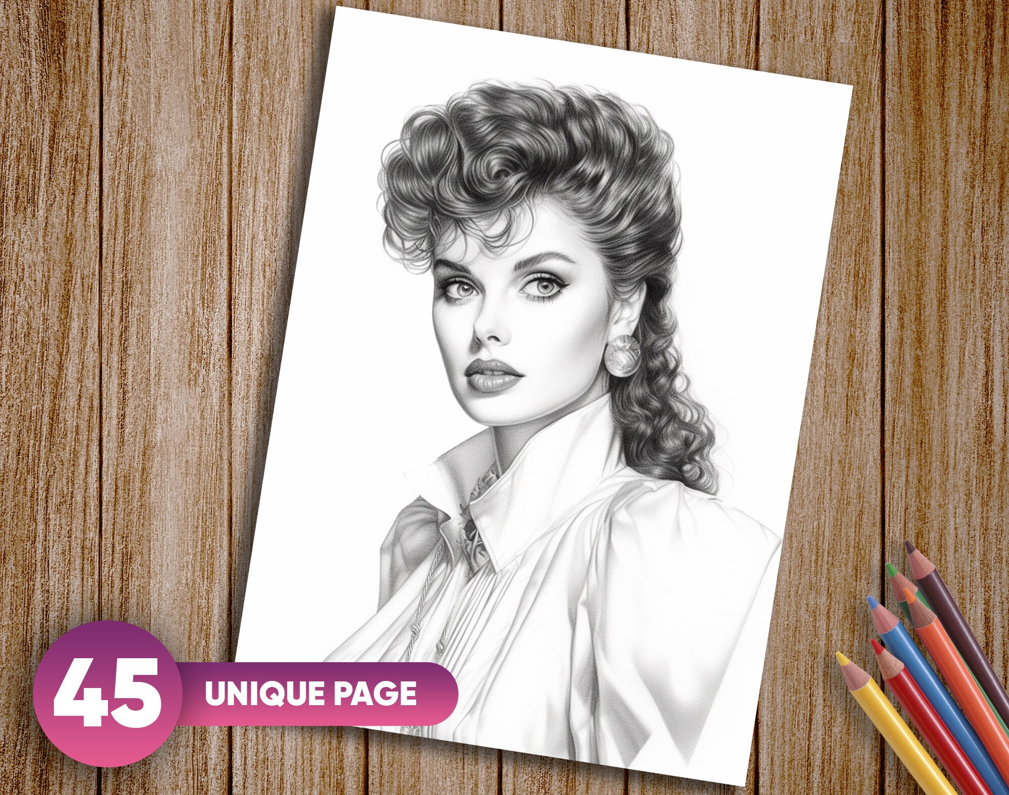 1980s Women Beauties Portrait Coloring Pages for Adults, 80's Style