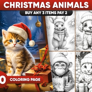 20 Christmas Animals, Christmas Critters Coloring Book, Adults, Kids Coloring Page, Grayscale Coloring Book, Digital Download, Printable PDF