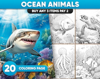 20 Ocean Animals grayscale coloring pages for adults, JPG and PDF file, Instant download, printable coloring pages