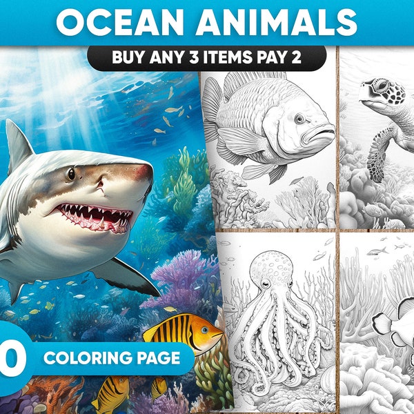 20 Ocean Animals grayscale coloring pages for adults, JPG and PDF file, Instant download, printable coloring pages