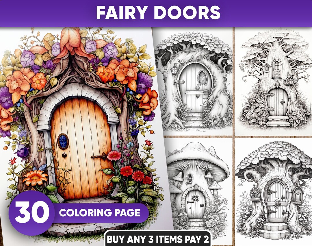 30 Fantasy Fairy Doors Coloring Pages for Kids and Adults, Instant ...