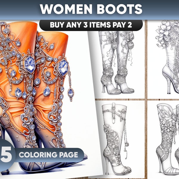 25 Women Boots, Shoes Fashion Coloring Pages for adults, Instant Download, Grayscale Coloring Book, Printable PDF File