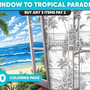 30 Window to Tropical Paradise Coloring Pages for adults, Instant Download, Grayscale Coloring Book, Printable PDF / JPEG  File