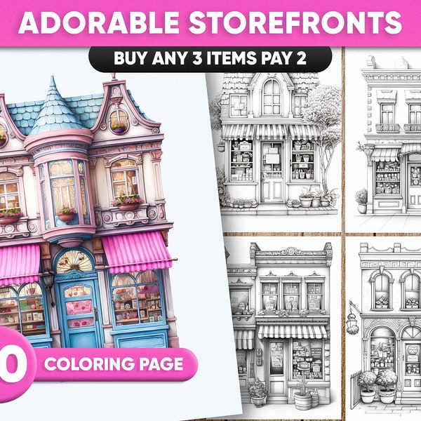 Adorable Storefront Coloring Printables, Cute Storefronts, Procreate, Jpg, Letter Size, Cozy Shop Coloring bilding Coloring Page, PDF File