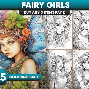 25 Fairy Girls Coloring Pages, Instant Download, Grayscale Coloring Book, Printable PDF File