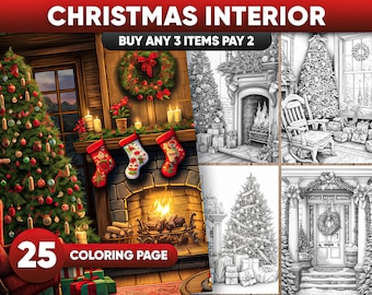 Christmas Interior Coloring Book: 25 Festive Room Designs (Printable PDF)