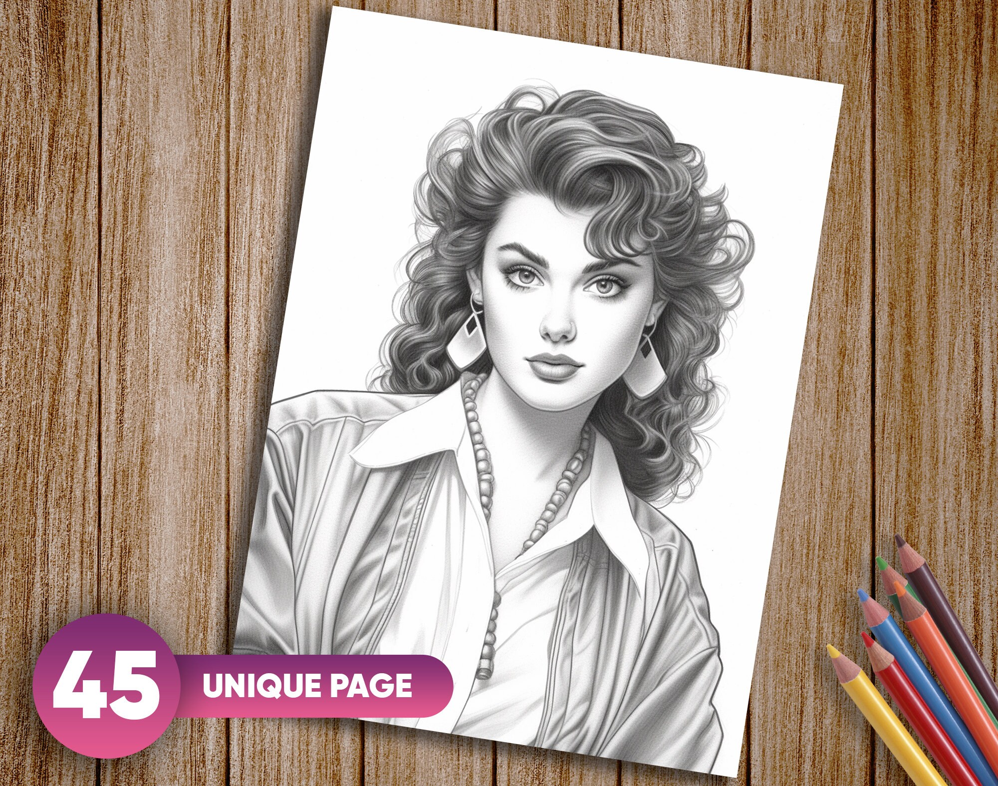 1980s Women Beauties Portrait Coloring Pages for Adults, 80's Style