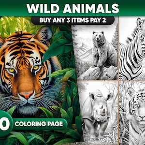 大人向けの野生動物のグレースケールぬり絵 30 枚、JPG および PDF ファイル、即時ダウンロード、印刷可能なぬり絵