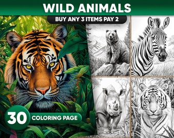 30 Wild Animals grayscale coloring pages for adults, JPG and PDF file, Instant download, printable coloring pages