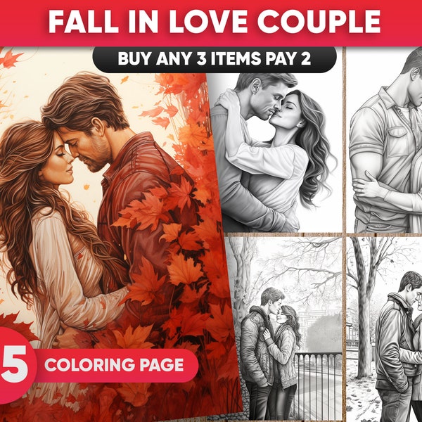 25 Fall In Love Couple Coloring Pages for adults, Woman, Man, Love, Grayscale PDF/JPEG, Valentine's Day Digital Download