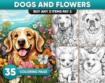 Dogs and Flowers Coloring Book: 35 Printable Pages (PDF/JPEG)