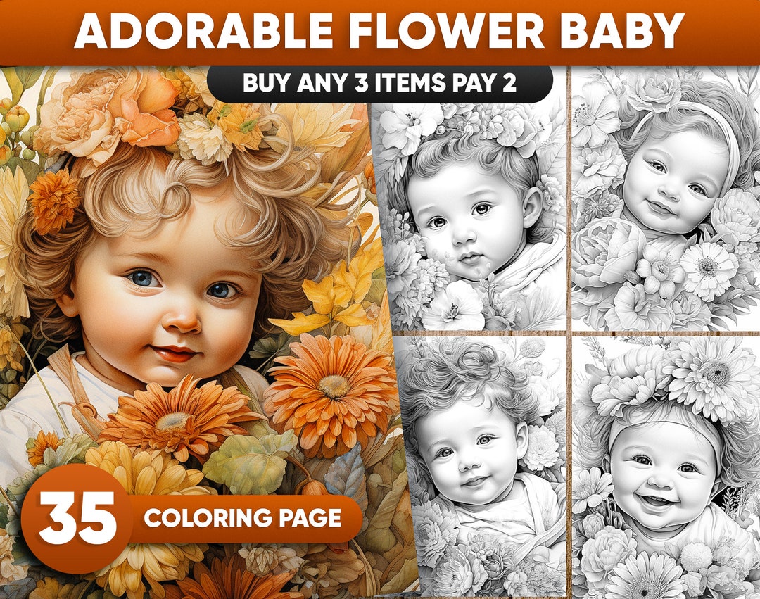 35 Adorable Flower Baby Infants Coloring Book, Adults and Kids Instant