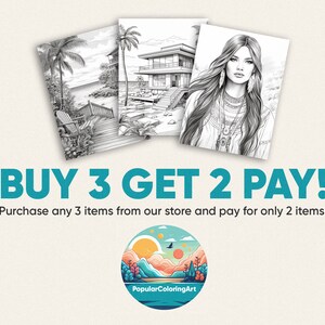Pu&ograve; includere: Una grafica con il testo "BUY 3 GET 2 PAY!" e il testo "Purchase any 3 items from our store and pay for only 2 items!"  Sotto il testo c'&egrave; un'illustrazione colorata di un tramonto su un lago con montagne sullo sfondo. Il testo "Popular ColoringArt" si trova nella parte inferiore dell'illustrazione.