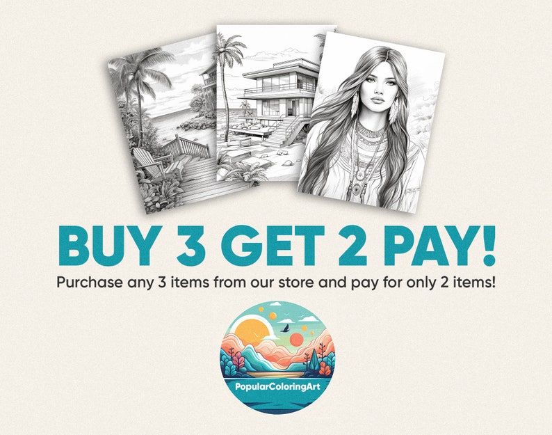 Pu&ograve; includere: Una grafica con il testo "BUY 3 GET 2 PAY!" e il testo "Purchase any 3 items from our store and pay for only 2 items!"  Sotto il testo c'&egrave; un'illustrazione colorata di un tramonto su un lago con montagne sullo sfondo. Il testo "Popular ColoringArt" si trova nella parte inferiore dell'illustrazione.