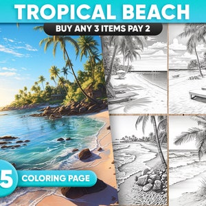 Tropical Beach Coloring Pages: 25 Grayscale Designs (PDF Download)