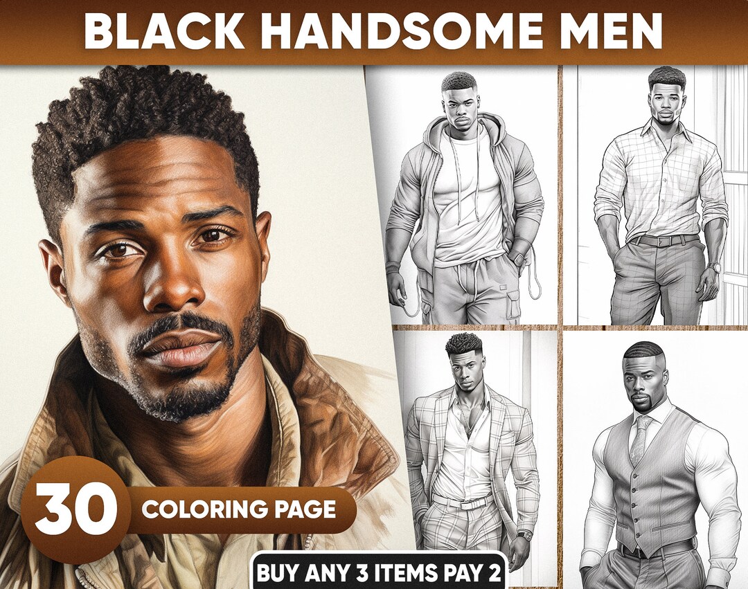 30 Black Handsome Men Coloring Pages for Adults, Instant Download ...