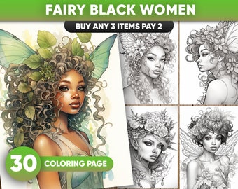 30 Beautiful Fairy Black Women Coloring Pages | Printable Adult Coloring Pages | Download Grayscale Illustrations| Grayscale Art PDF / JPEG