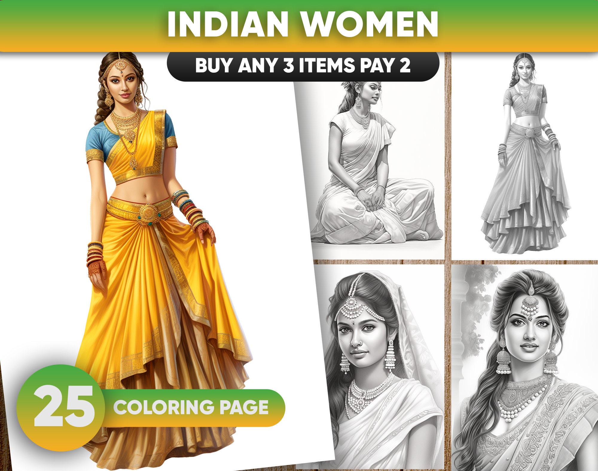 30 Indian Women Fashion Coloring Pages for adults, Instant Download, Grayscale Coloring Book, Printable PDF File