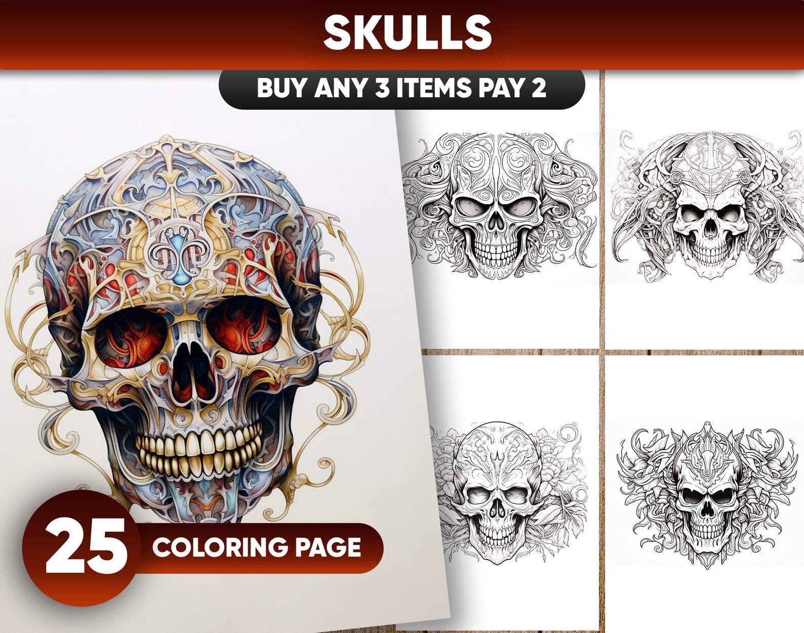 25 Skulls Coloring Pages for Adults, Instant Download, Grayscale ...