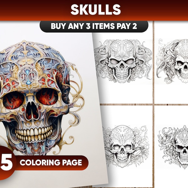 25 Skulls Coloring Pages for adults, Instant Download, Grayscale Coloring Book, Printable PDF File