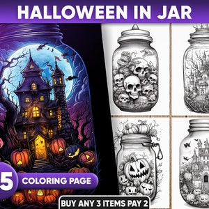 25 Halloween in Jar Coloring Pages, JPEG/PDF format, Instant Download, Coloring Pages for adults, Instant Download, Grayscale Coloring Book,