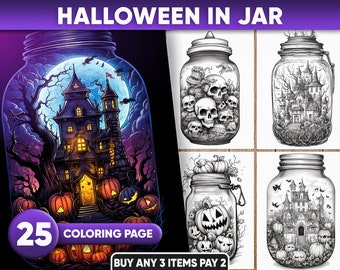 25 Halloween in Jar Coloring Pages, JPEG/PDF format, Instant Download, Coloring Pages for adults, Instant Download, Grayscale Coloring Book,