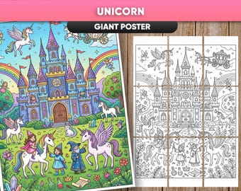 Poster géant à colorier du château des licornes – Activité pour enfants (téléchargement numérique)