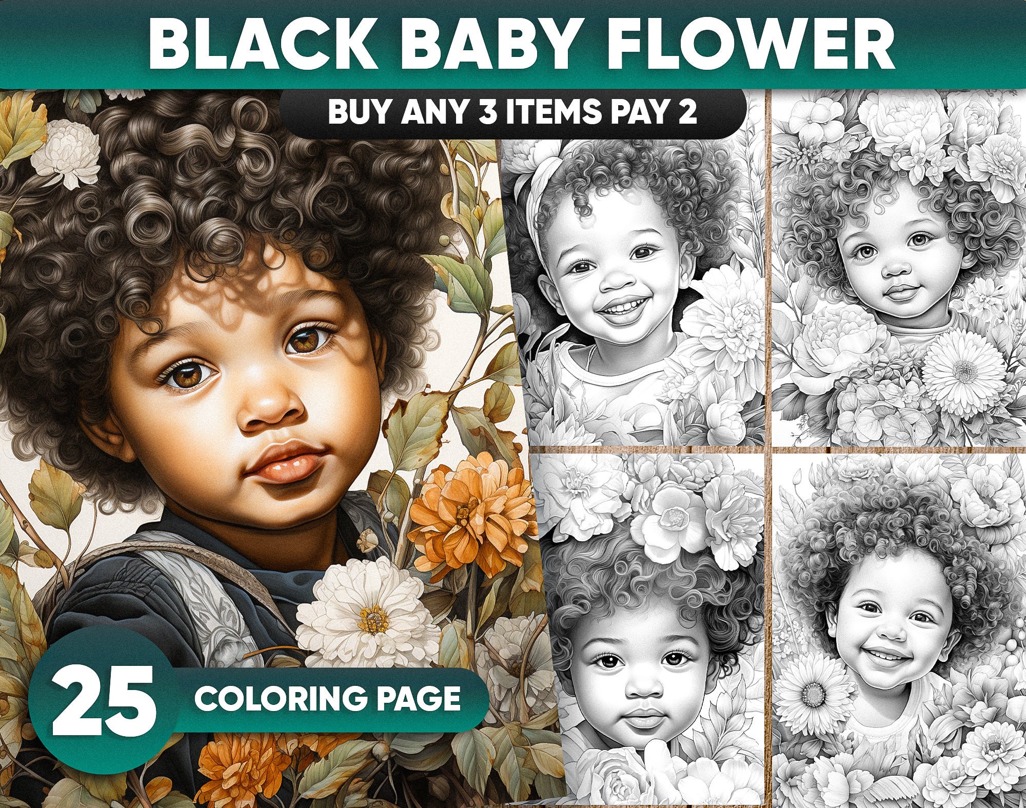 25 Adorable Flower Black Baby Infants Coloring Book Adults Etsy