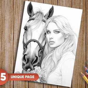 Pu&ograve; includere: Un disegno in bianco e nero di una donna con i capelli lunghi e un cavallo. La donna guarda lo spettatore e il cavallo guarda di lato. La donna indossa una semplice camicia e il cavallo ha un morso. Il disegno &egrave; su uno sfondo bianco.