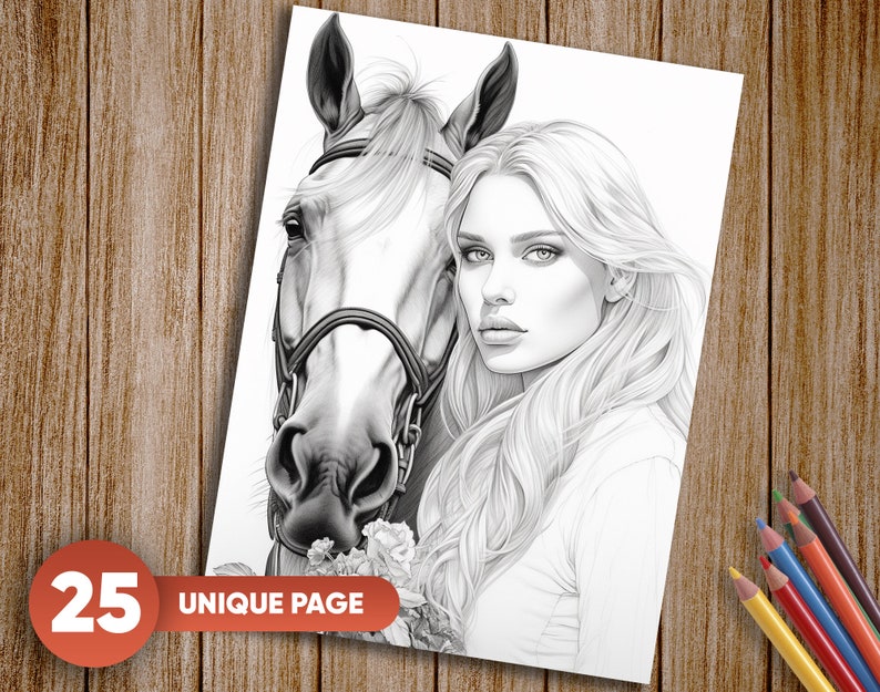 Pu&ograve; includere: Un disegno in bianco e nero di una donna con i capelli lunghi e un cavallo. La donna guarda lo spettatore e il cavallo guarda di lato. La donna indossa una semplice camicia e il cavallo ha un morso. Il disegno &egrave; su uno sfondo bianco.
