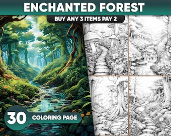 Enchanted Forest Coloring Pages: 30 Grayscale Magical Scenes (PDF)