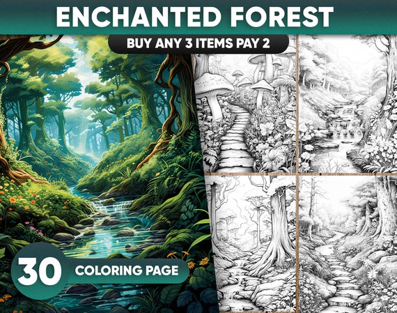 Enchanted Forest Coloring Pages: 30 Grayscale Magical Scenes (PDF)