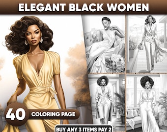 40 Elegant Black Girl Boss Black Woman Coloring Pages for adults, Office Girl, Fashion, Luxury, African American Fashion, Grayscale PDF/JPEG