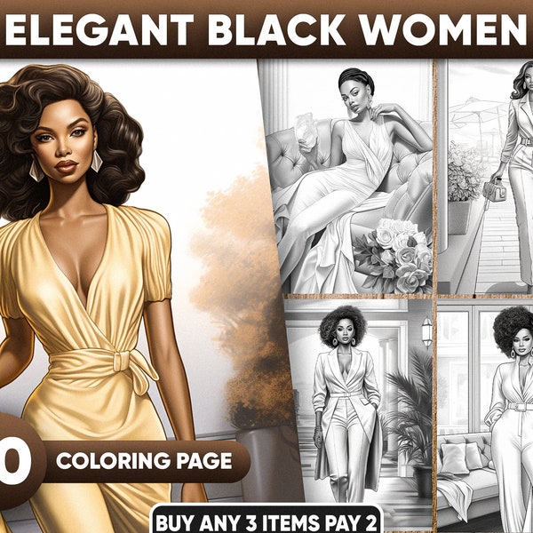 40 Elegant Black Girl Boss Black Woman Coloring Pages for adults, Office Girl, Fashion, Luxury, African American Fashion, Grayscale PDF/JPEG