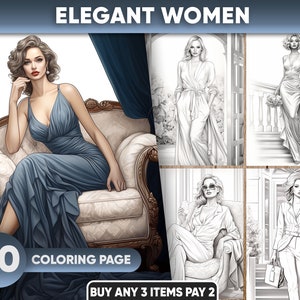大人向けのエレガントな女性上司のぬり絵 40 ページ、オフィスガール、ファッション、高級品、アメリカンファッション、グレースケール PDF/JPEG
