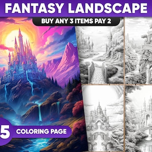 Fantasy landscape 25 Coloring Pages for Adults and for Kids for Relax and Stress Relief, Grayscale Coloring Book, Printable PDF / JPEG