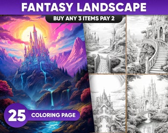 Páginas para colorir de paisagens fantásticas: 25 artes em tons de cinza para adultos/crianças (PDF/JPEG)