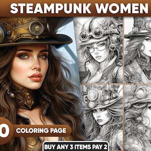 30 Steampunk Women Beauties Portrait Coloring Pages for adults, Instant Download, Grayscale Coloring Book, Printable PDF File and JPEG File