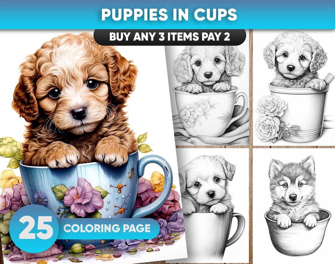 25 Puppies in Cups, Digital Coloring Book, Dogs Coloring Pages ...