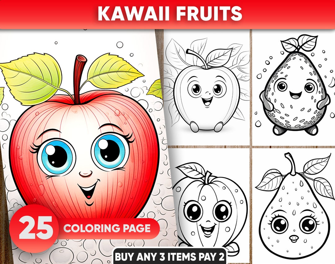 25 Preschool Kawaii Fruits, Coloring Pages for Kids Instant Download