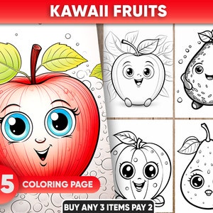 25 Preschool Kawaii Fruits, Coloring Pages for kids - Instant Download - Grayscale Coloring Pages Printable  PDF / JPEG