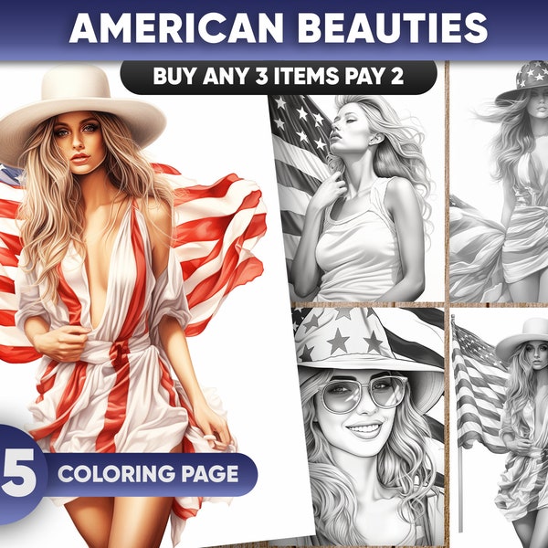 25 American Beauties, Portrait Coloring Pages for adults, Instant Download, Grayscale Coloring Book, Printable PDF / JPEG File